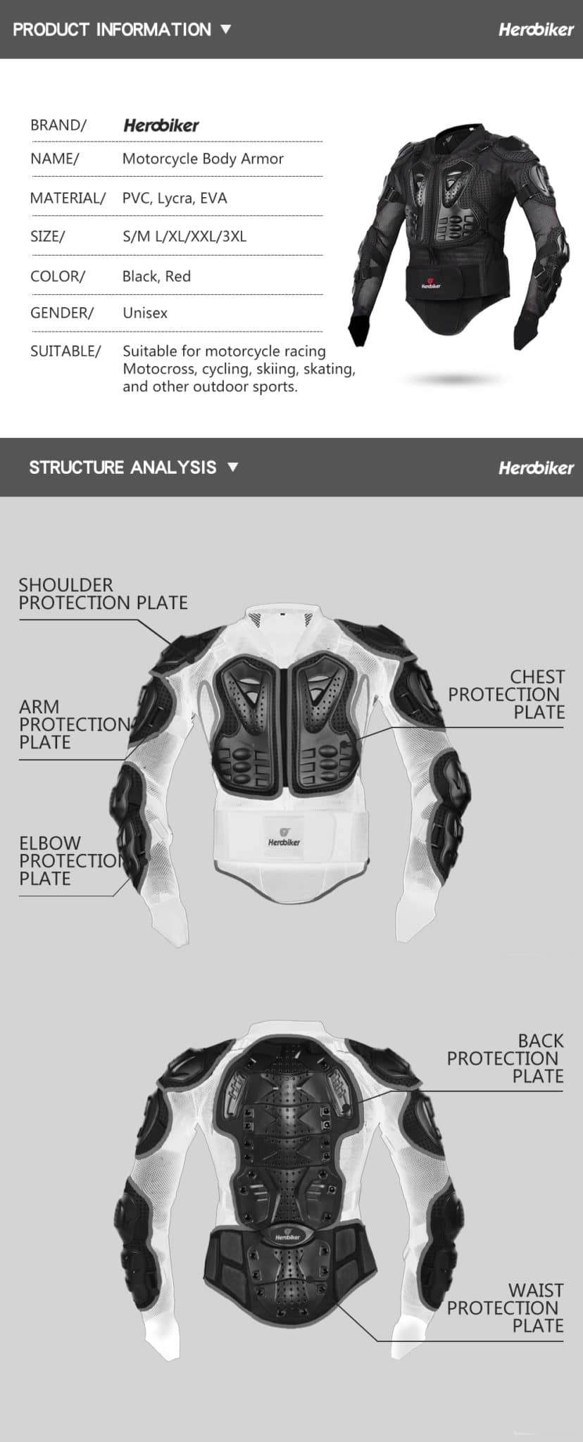 HEROBIKER Motorcycle Armor Protection Body Armor Protective Gear Motocross Moto Jacket Motorcycle Jackets With Neck Protector