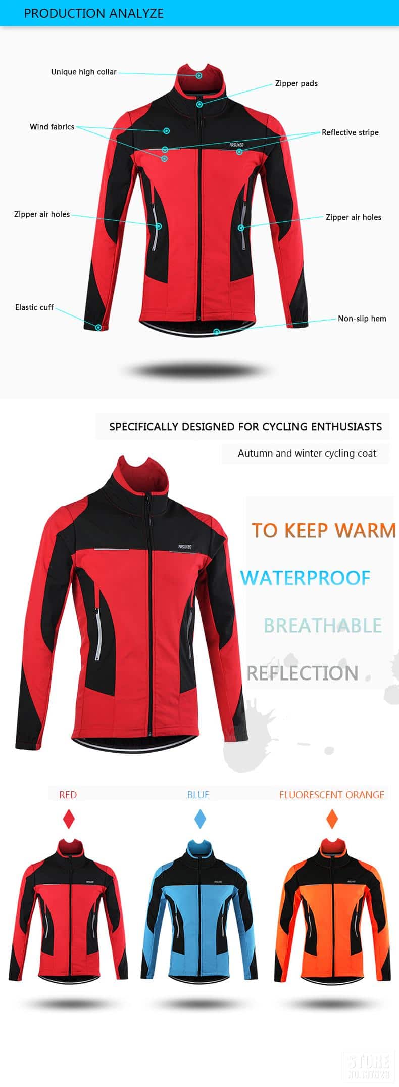 ARSUXEO Fleece Thermal Cycling Jacket Autumn Winter Warm Up Bicycle Clothing Windproof Windbreaker Coat MTB Bike Jerseys