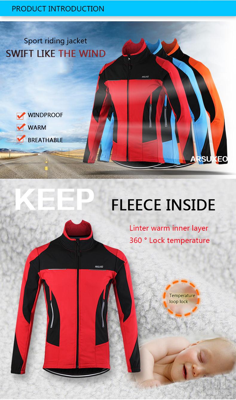 ARSUXEO Fleece Thermal Cycling Jacket Autumn Winter Warm Up Bicycle Clothing Windproof Windbreaker Coat MTB Bike Jerseys