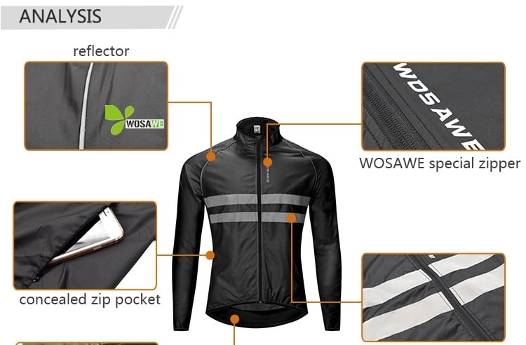 WOSAWE Reflective Cycling Jackets Men Breathable Waterproof Lightweight Rain Windbreaker Coat Bicycle Cycle MTB Bike Clothes