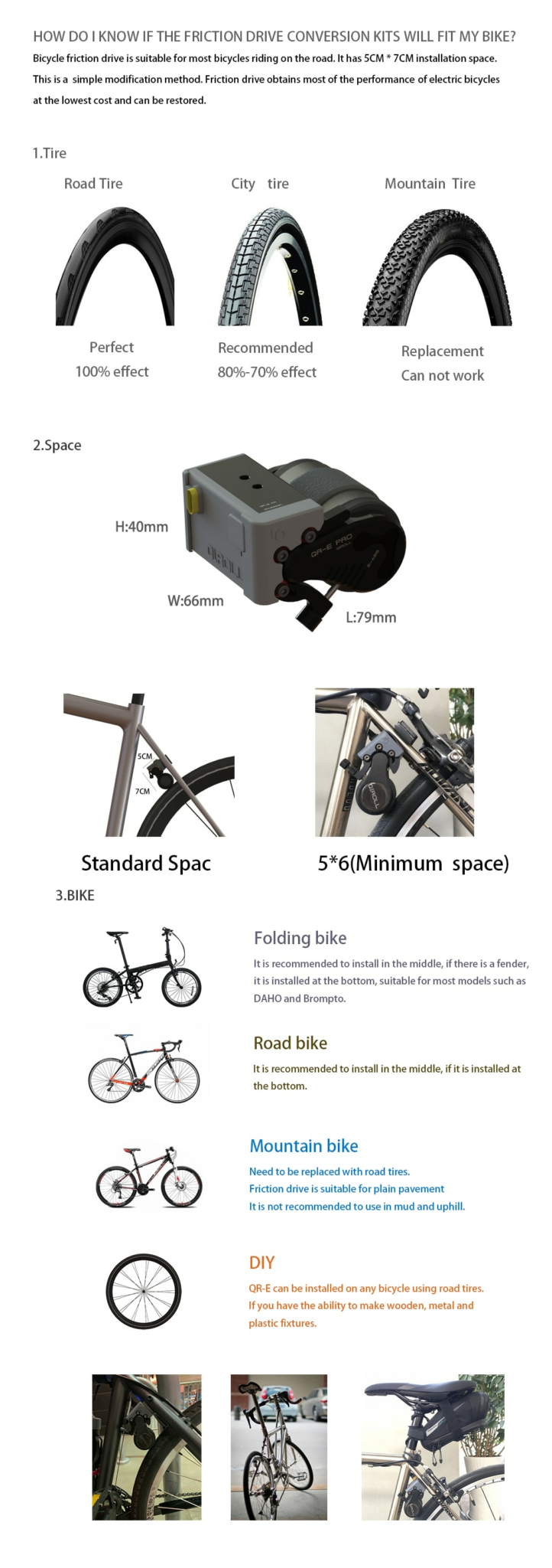Qiroll QR-E Pro friction drive e-bike conversion kit E-ABS H70 Battery