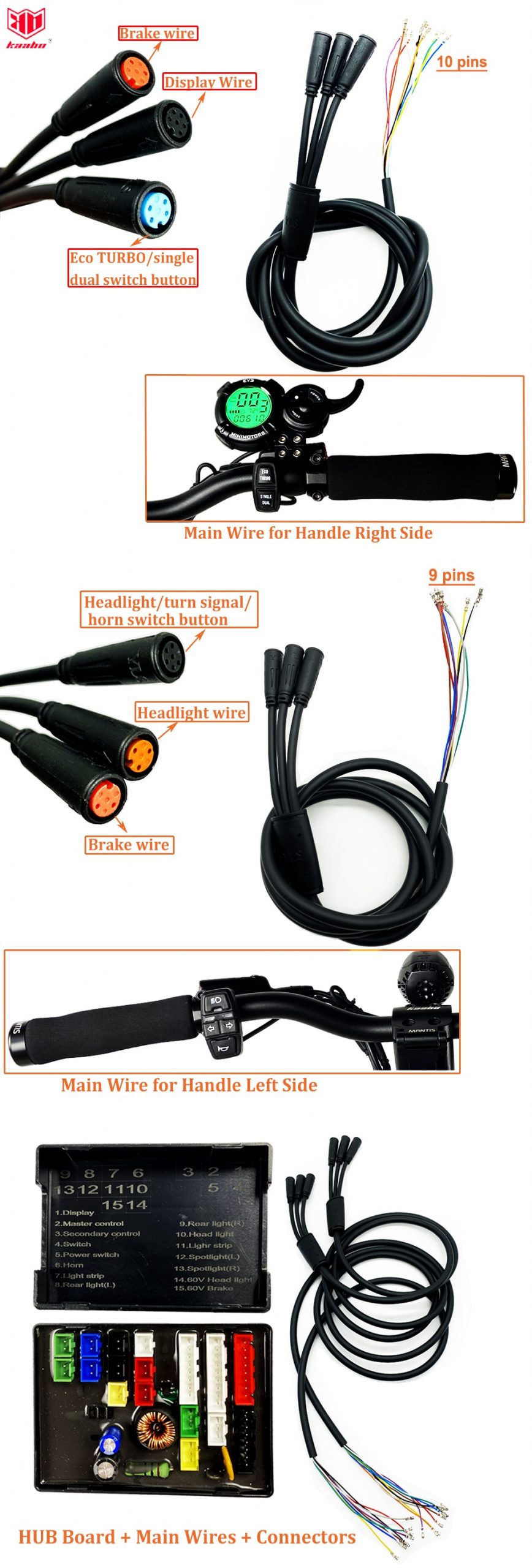 Original Kaabo Mantis10 Plus Upgrade 60V 25A Controller HUB Board Main Wires Headlight with Horn Muli-function Switch Button