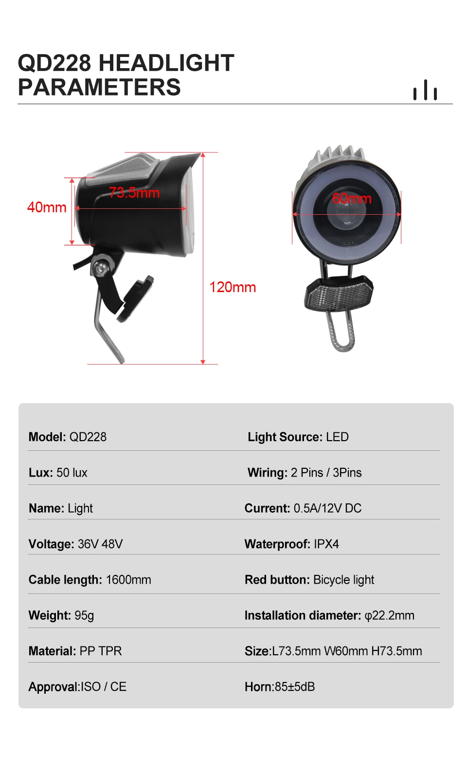 QD228 Electric Bicycle Headlight 50lux Ebike Front Light E-Bike Horn Light Electric Scooter Horn Light